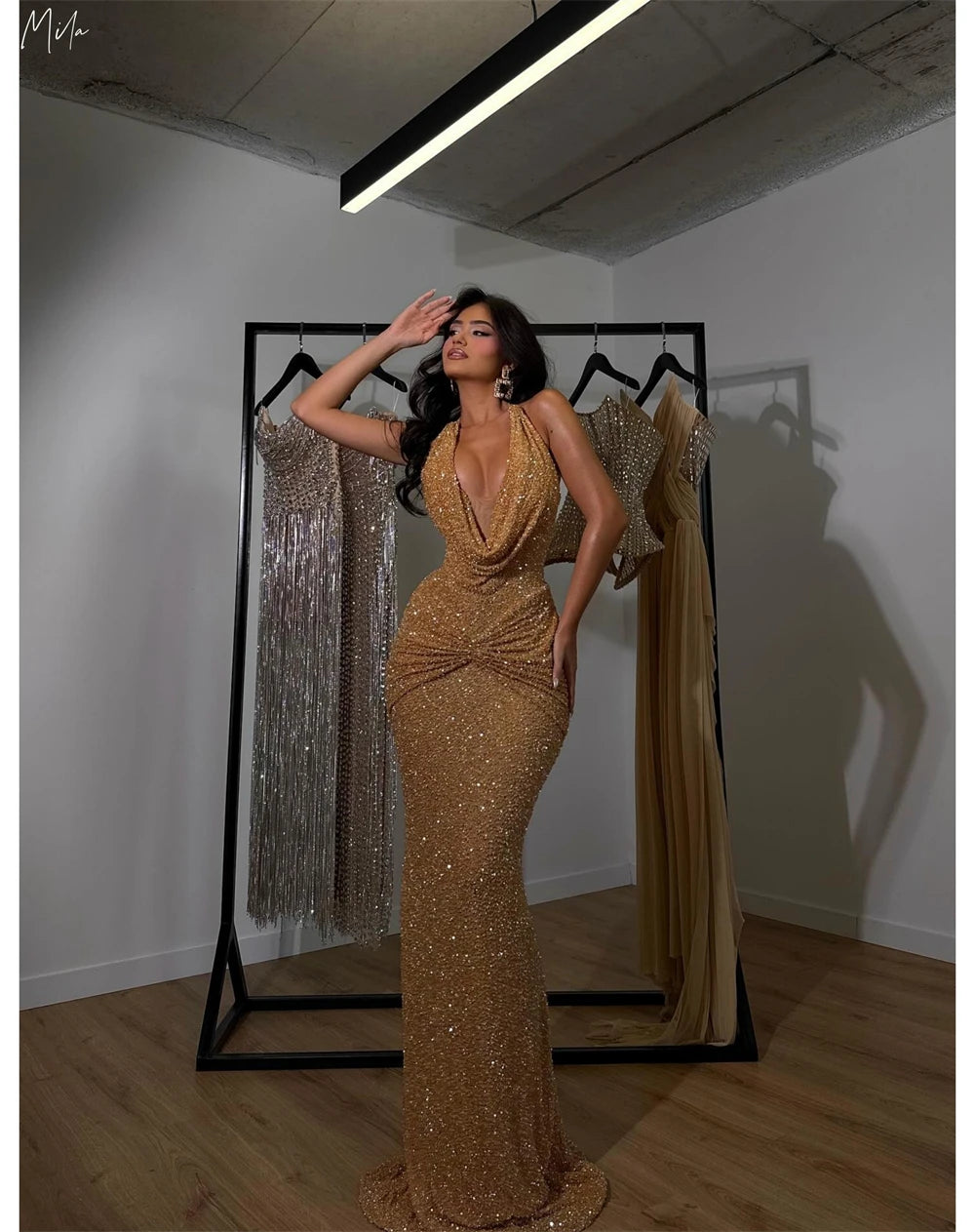 Mila Golden Glitter Formal Gown | Lace & Silk Evening Dress