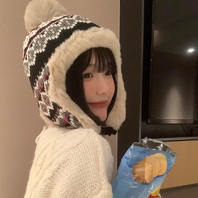 Nordic Knit Trapper Hat with Faux Fur Earflaps Pilot hat winter thicken fur hat Lei Feng hat 방한모자 шапка ушанка