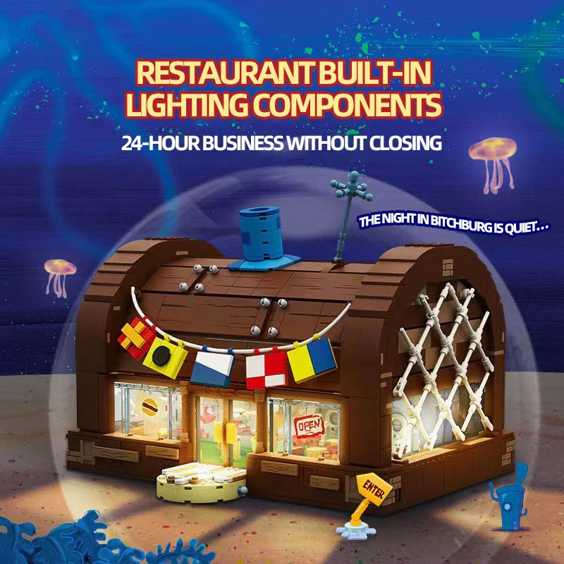 Spongebob Cartoon Krusty Krab Restaurant Building Blocks Creative Canteen Scenes Model Bricks Desktop Ornaments Fans Toys Gifts