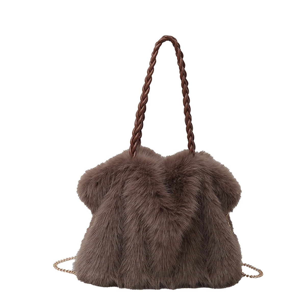 Plush Pleated Faux Fur Large Tote – High-End Crossbody with Metal Chain