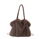 Plush Pleated Faux Fur Large Tote – High-End Crossbody with Metal Chain