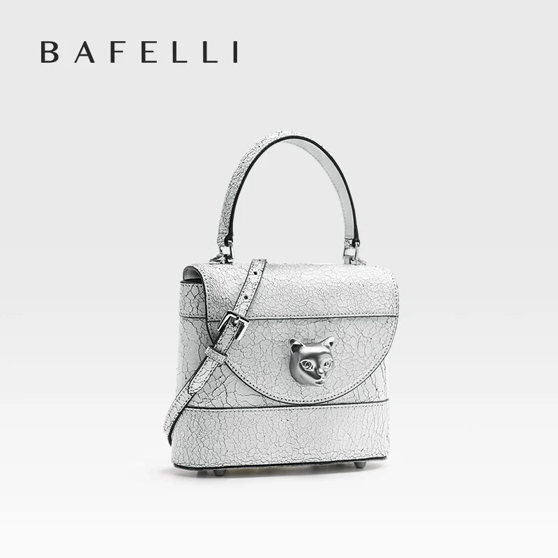 BAFELLI 2026 New Arrival: Unique Cracked Leather Shoulder Bag with Cat Head Design, Luxury Brand Mini Crossbody Bag
