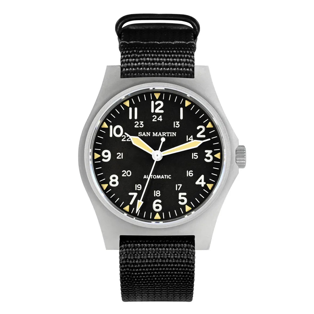 San Martin Pilot Watch 38mm NH35 Retro Military Automatic Mechanical Wristwatch Bead Blasted Case Waterproof 100m SN0137