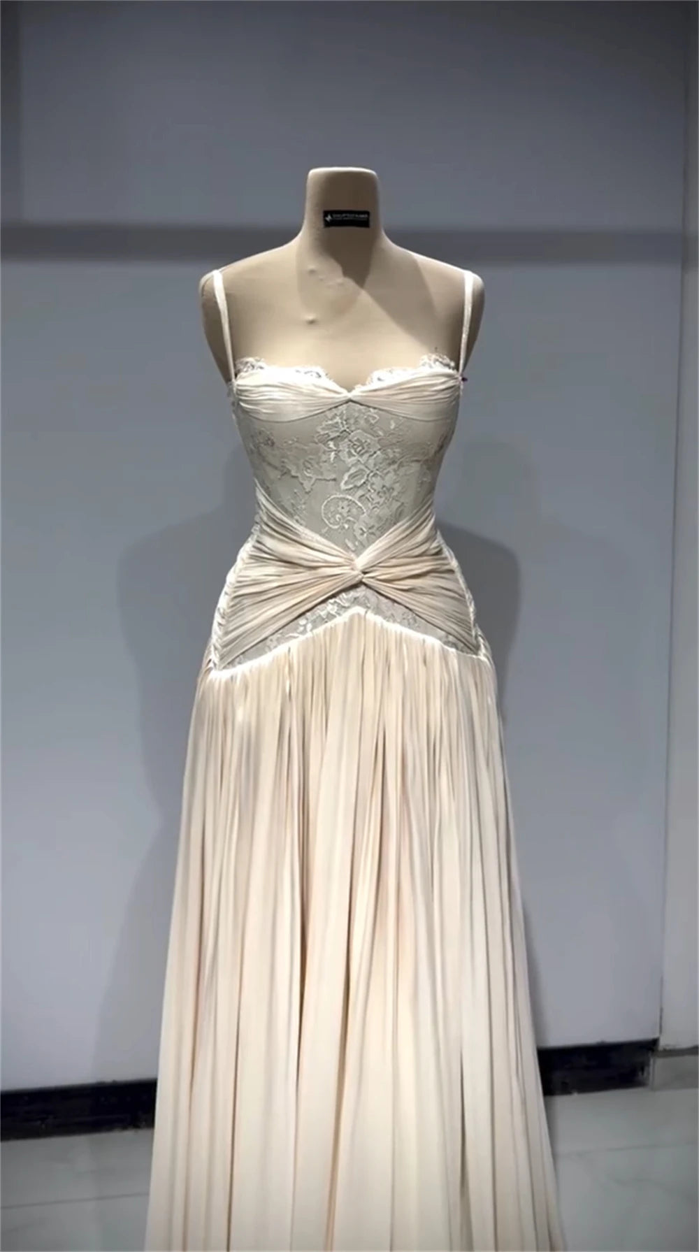 Mila Lace A-Line Formal Evening Gown | Pleated Spaghetti Strap