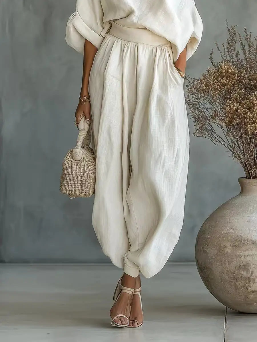 2026 Summer One Shoulder Linen Two Piece Set Women Roll Up Sleeve Waist Belt High Waist Lantern Pants White Breathable Casual Daily Beach Vacation Resort Outfit For American Ladies