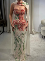 Embroidered Floral Sequin Mermaid Gown with Detachable Shawl