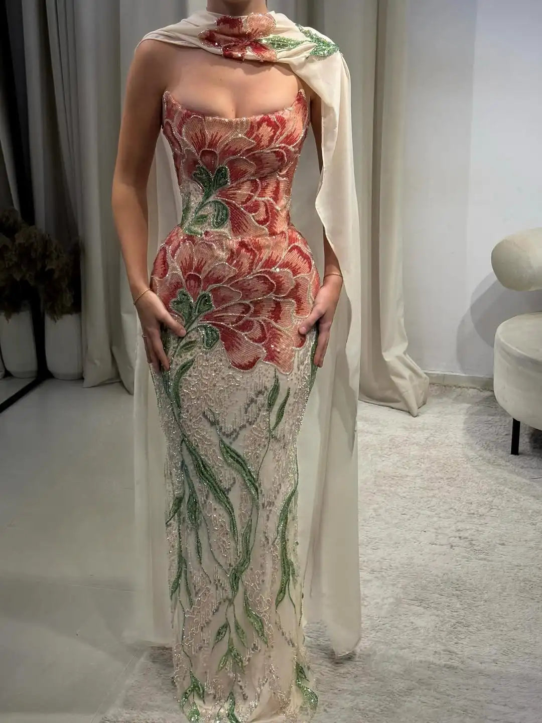 Embroidered Floral Sequin Mermaid Gown with Detachable Shawl