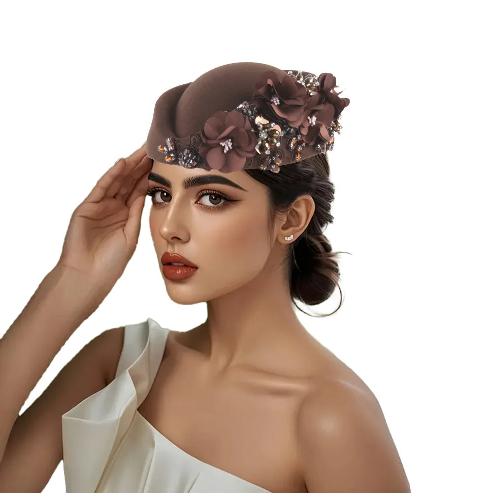 Beret Hats for Women British Felt hat stewardess Church Derby Headdress Women's Floral hat Suitable for Wedding Parties Events