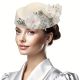 Beret Hats for Women British Felt hat stewardess Church Derby Headdress Women's Floral hat Suitable for Wedding Parties Events