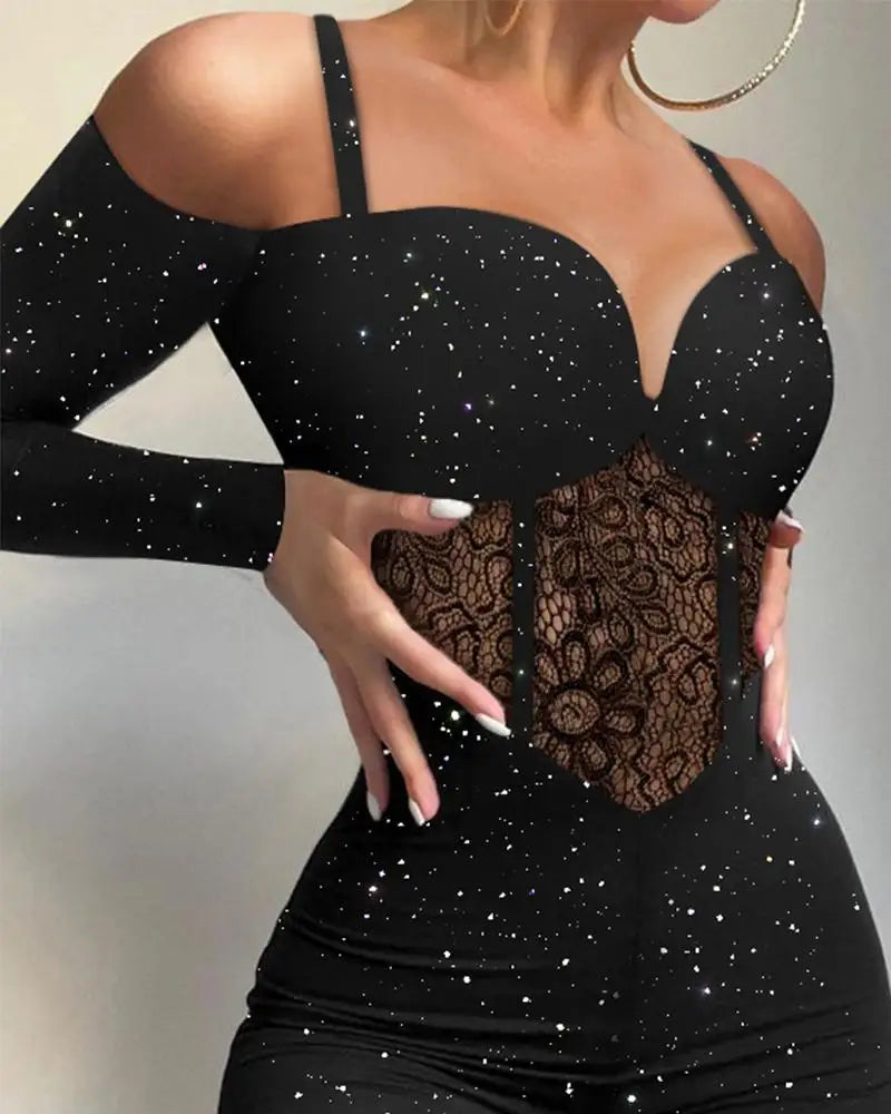 Contrast Lace Cold Shoulder Jumpsuit