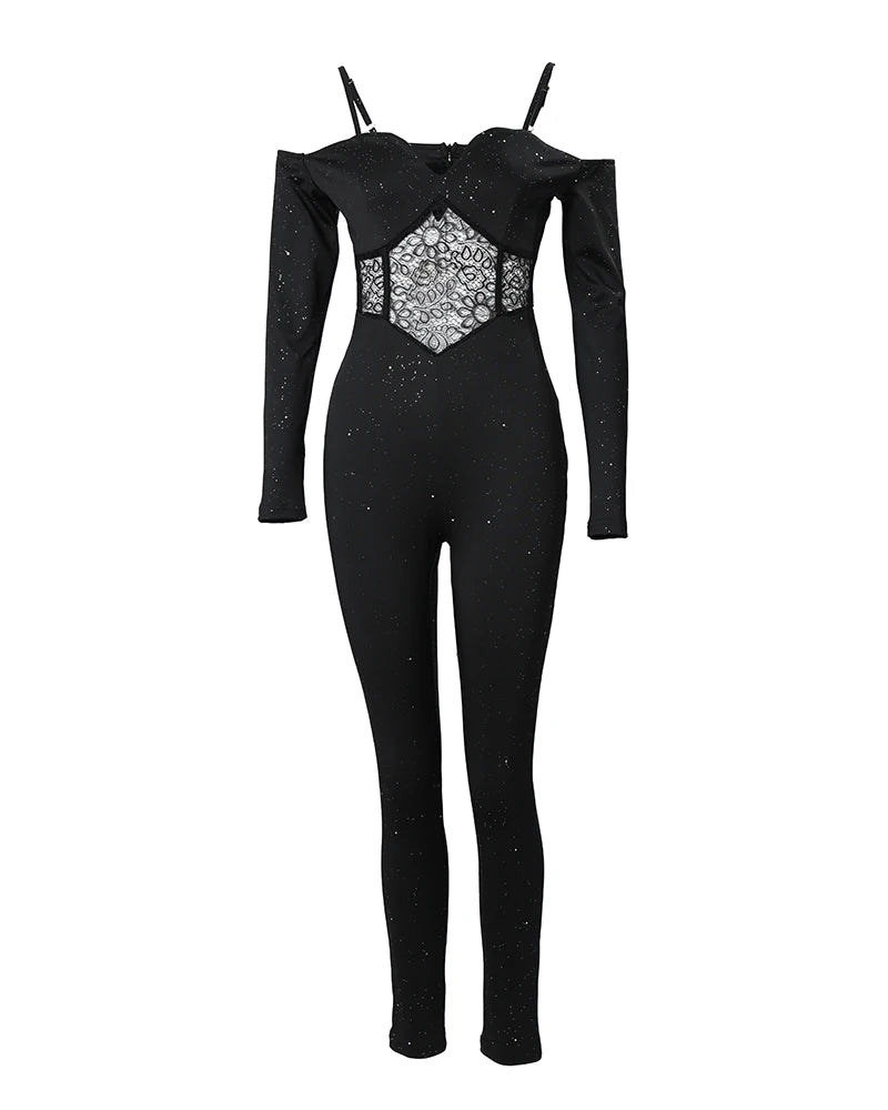 Contrast Lace Cold Shoulder Jumpsuit