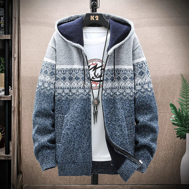 Men’s Winter Plaid Fleece-Lined Hooded Cardigan Jacket