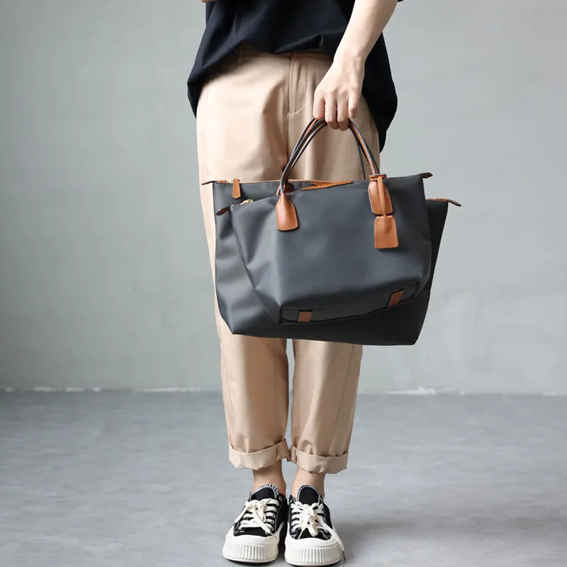 Zipper Tote Bags For Women Nylon With Real Leather Handbag High Quality Single Shoulder Bag