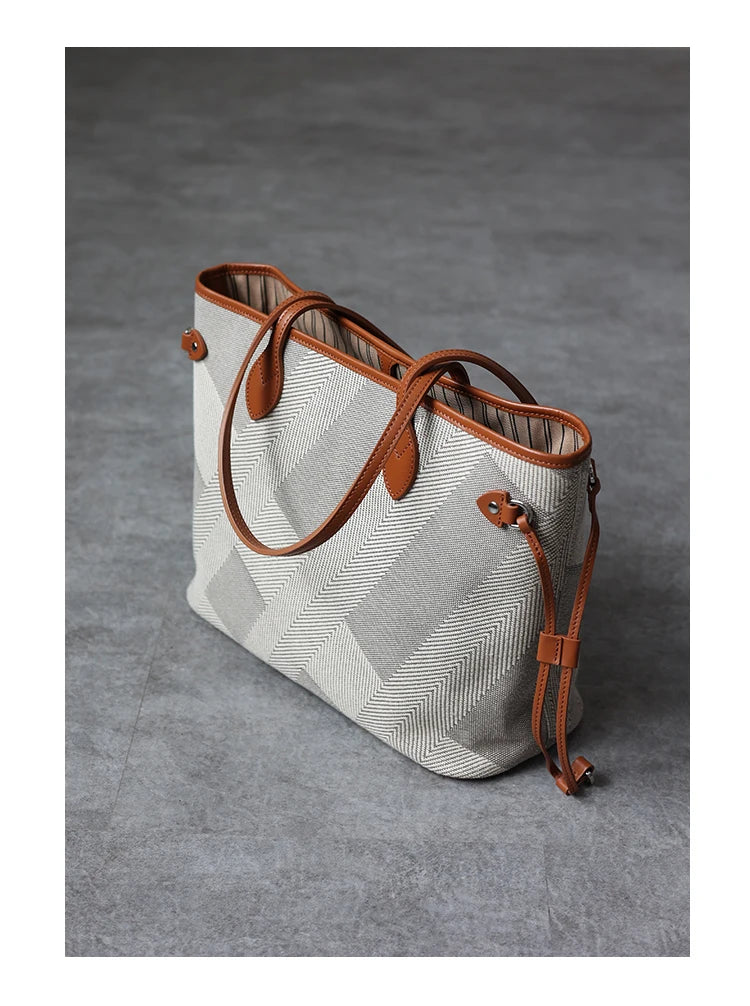 Women's Fashion Shoulder Bag Luxury Designer Handbag Large Capacity Canvas With Genuine Leather Tote For Shopping,Commuting,Work