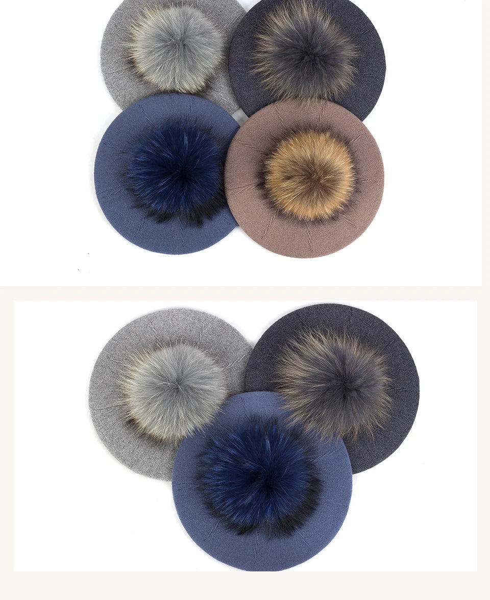 Women's Knit Beret with Oversized Pom Pom | Geebro