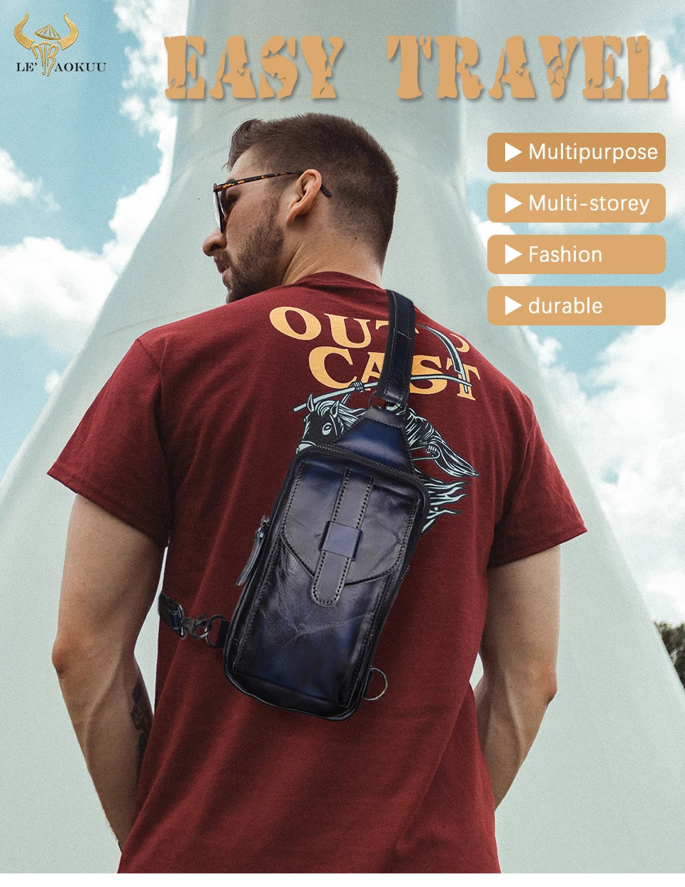 Hot Sell Men Genuine Bull Leather Vintage Coffee Triangle Chest Sling Bag Design Travel Daypack One Shoulder Crossbody Bag XB571