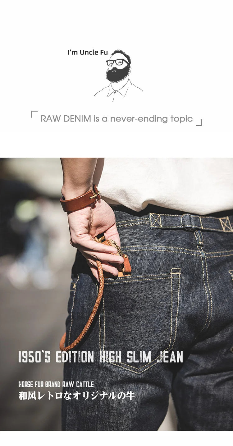 Maden Men's 14oz Raw Selvedge Denim Jeans Vintage Straight Fit Horsehide Leather Patch Paris Buckle Jeans for Autumn and Winter