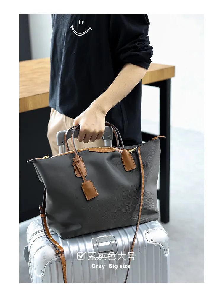 Zipper Tote Bags For Women Nylon With Real Leather Handbag High Quality Single Shoulder Bag