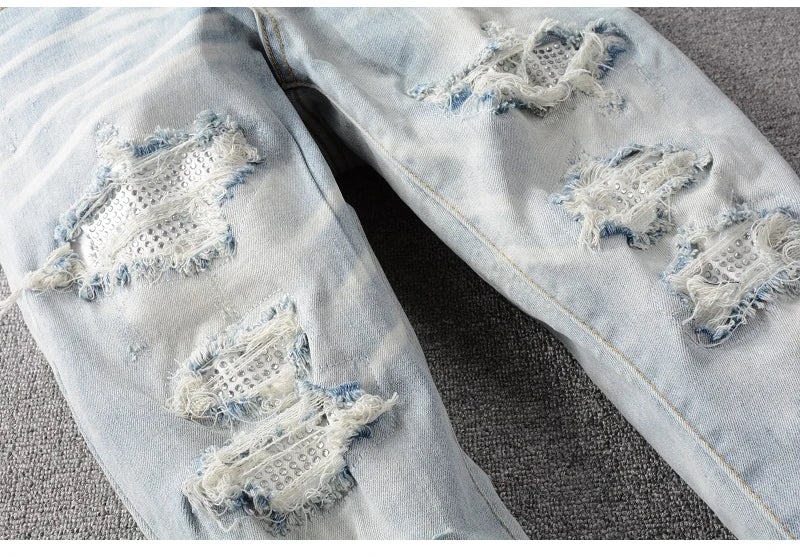 Men's Crystal Embellished Ripped Slim Jeans – Blue