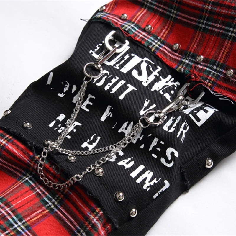 2026 Korean Fashion Red Plaid Patchwork Punk Rivet Men Slim Jeans Trousers Skull Letters Print Hip Hop Chain Denim Pants Spodnie