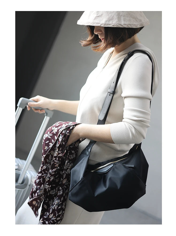 Lightweight Nylon Matching Genuine Leather Crossbody Bag High Quality Single Shoulder Bags Fashion Pleated Messenger Purses