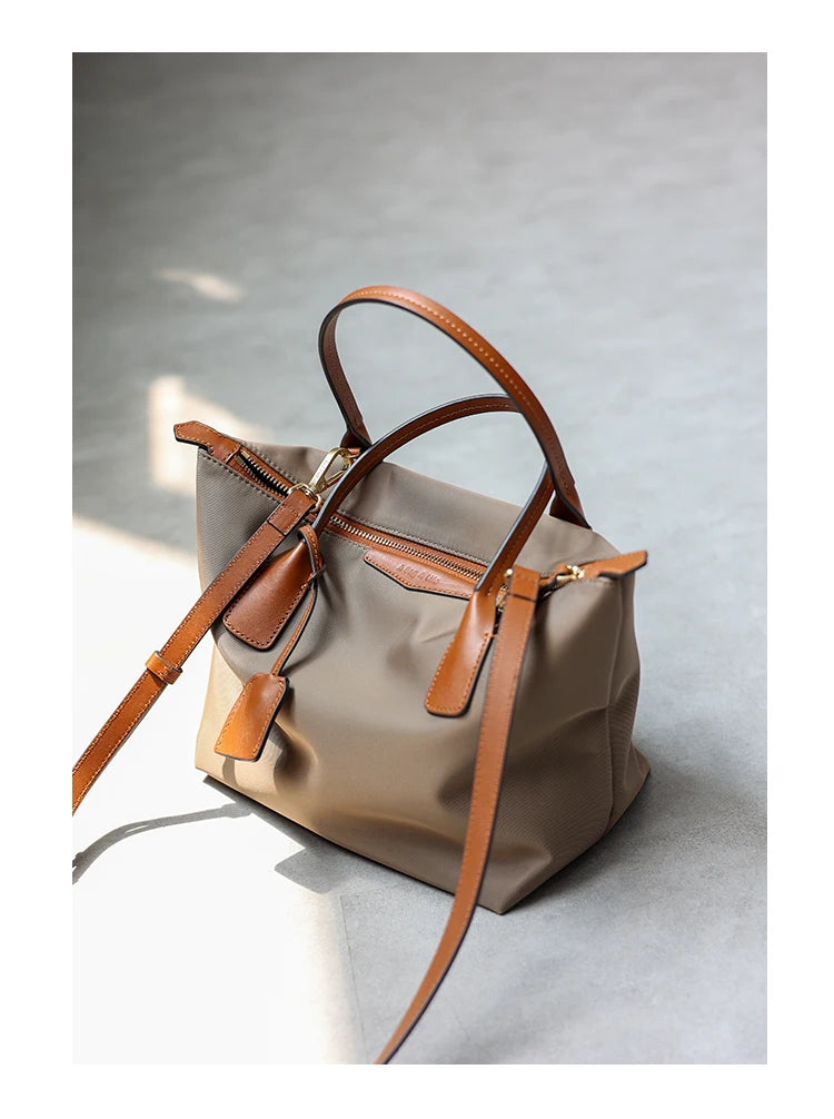 Zipper Tote Bags For Women Nylon With Real Leather Handbag High Quality Single Shoulder Bag