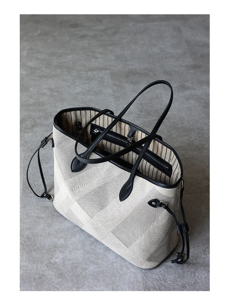 Women's Fashion Shoulder Bag Luxury Designer Handbag Large Capacity Canvas With Genuine Leather Tote For Shopping,Commuting,Work