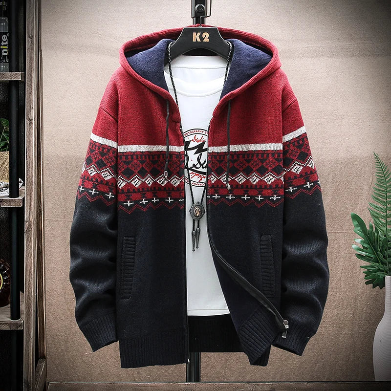 Men’s Winter Plaid Fleece-Lined Hooded Cardigan Jacket