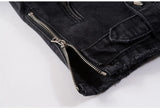 Men's Black Biker Slim Fit Denim Jacket with Belt - Streetwear Moto Style