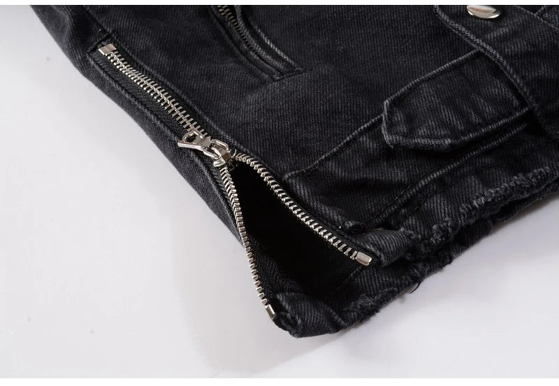 Men's Black Biker Slim Fit Denim Jacket with Belt - Streetwear Moto Style