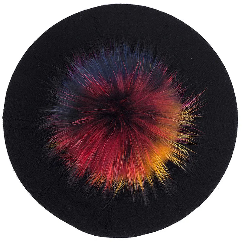 Women's Knit Beret with Oversized Pom Pom | Geebro