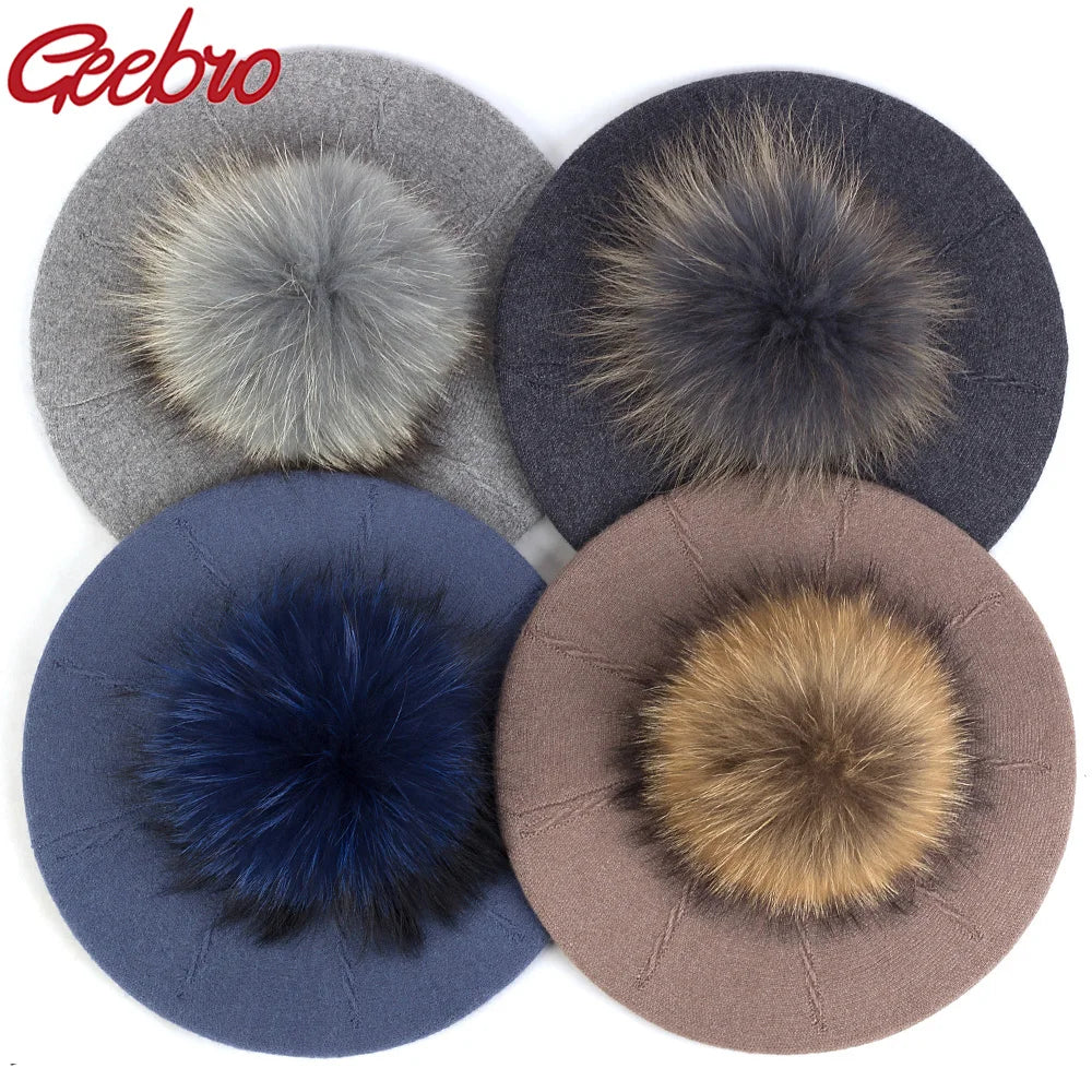 Women's Knit Beret with Oversized Pom Pom | Geebro