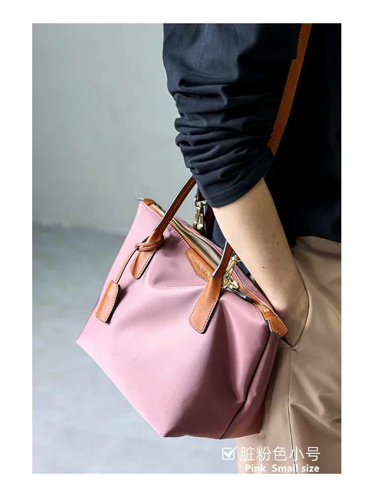 Zipper Tote Bags For Women Nylon With Real Leather Handbag High Quality Single Shoulder Bag