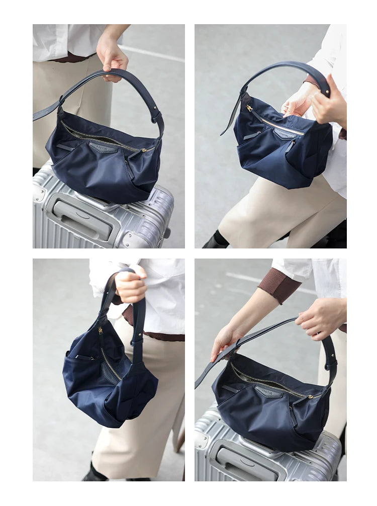 Lightweight Nylon Matching Genuine Leather Crossbody Bag High Quality Single Shoulder Bags Fashion Pleated Messenger Purses