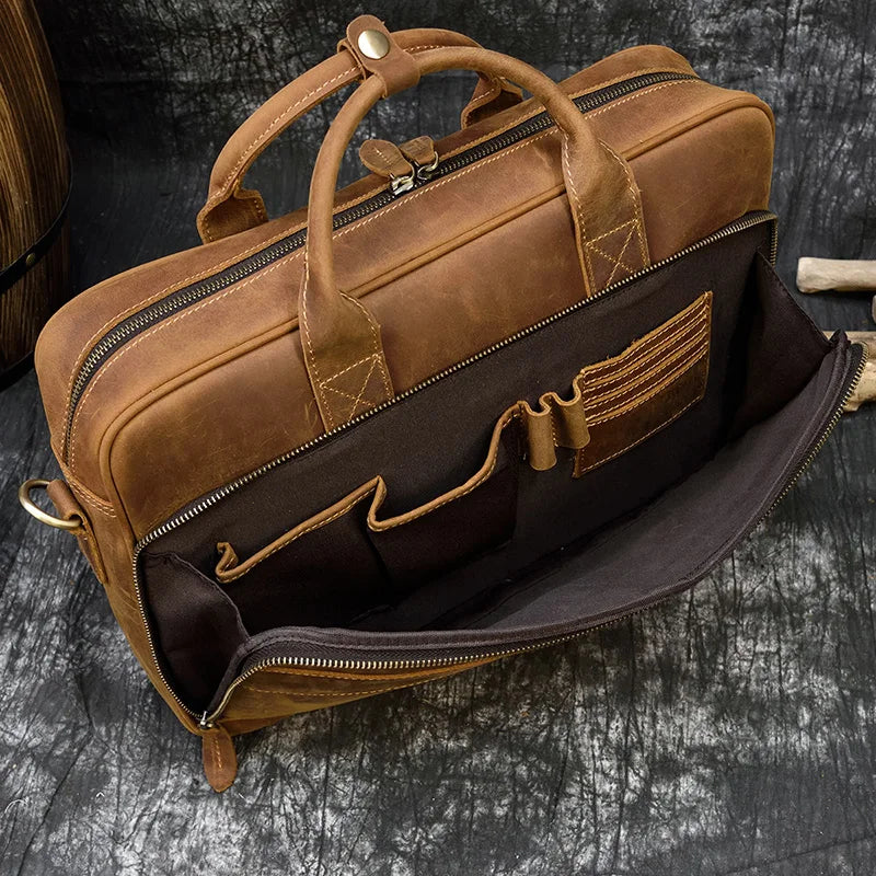 Men Briefcase Genuine Leather Laptop Bag 14 15.6" PC Doctor Lawyer Computer Bag Cowhide Male Briefcase Leather Men Business Bag