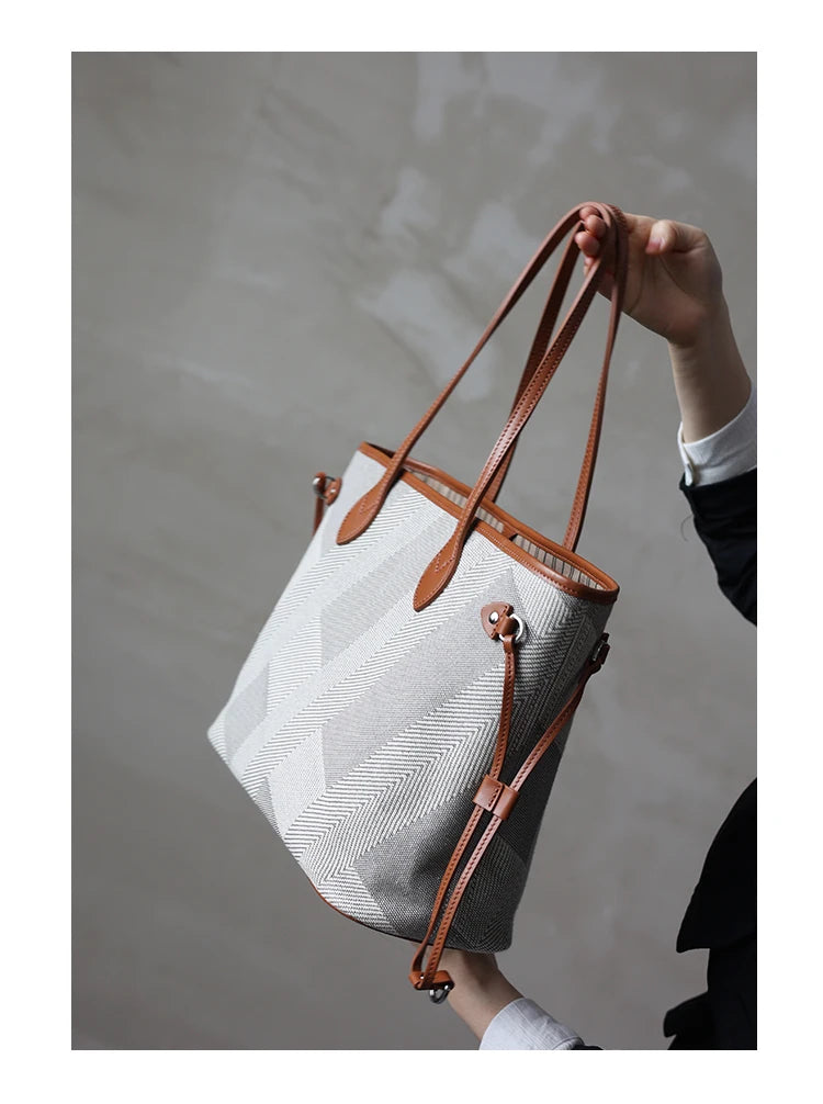Women's Fashion Shoulder Bag Luxury Designer Handbag Large Capacity Canvas With Genuine Leather Tote For Shopping,Commuting,Work