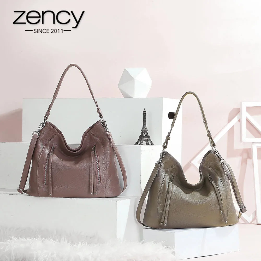 ZENCY New Handbag Luxury Genuine Leather Bag for Women Shoulder Tote Crossbody Double Zipper Pocket Charming Red Hobo Bag
