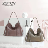 ZENCY New Handbag Luxury Genuine Leather Bag for Women Shoulder Tote Crossbody Double Zipper Pocket Charming Red Hobo Bag