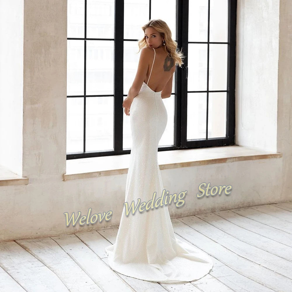 Sexy White Mermaid Wedding Dress For Woman V Neck Backless Simple Bridal Custom Gown Sweep Train Robe De Mariage New Arrival