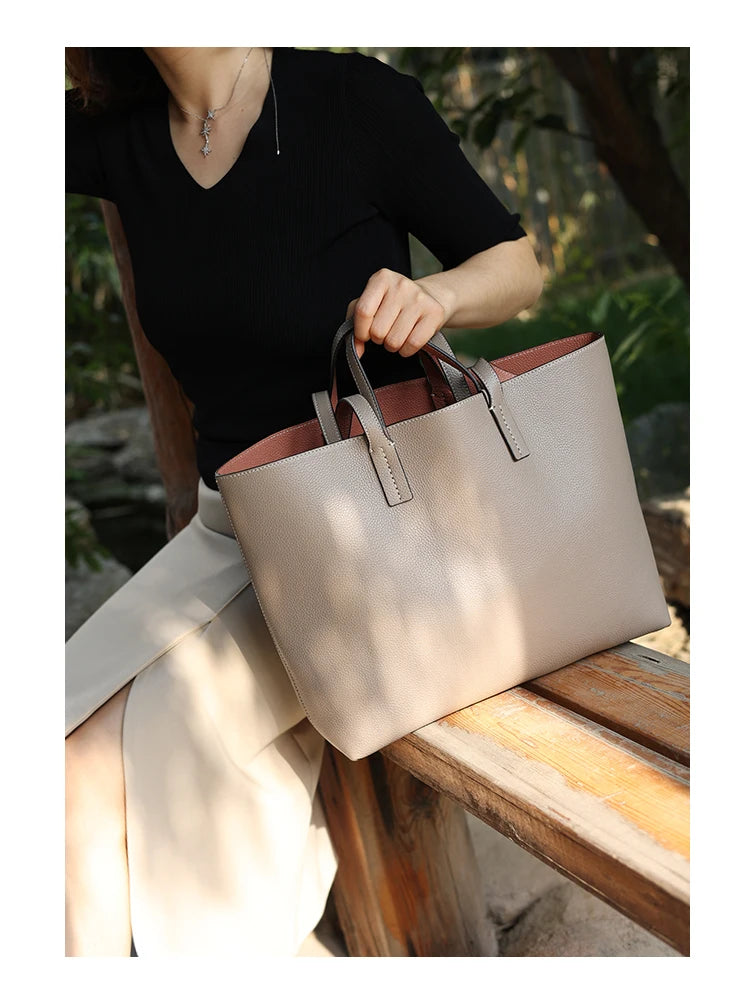 JAZZQ Reversible Genuine Leather Tote | First-Layer Cowhide