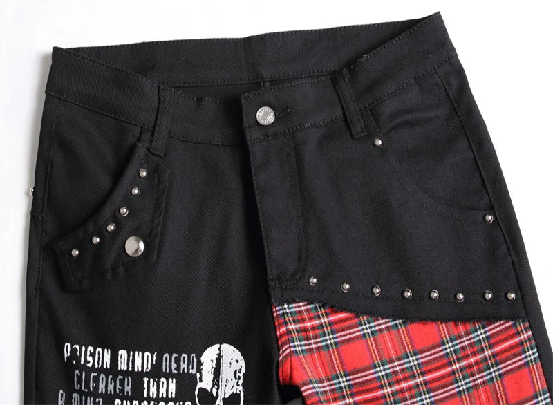 2026 Korean Fashion Red Plaid Patchwork Punk Rivet Men Slim Jeans Trousers Skull Letters Print Hip Hop Chain Denim Pants Spodnie