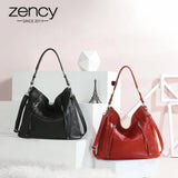 ZENCY New Handbag Luxury Genuine Leather Bag for Women Shoulder Tote Crossbody Double Zipper Pocket Charming Red Hobo Bag