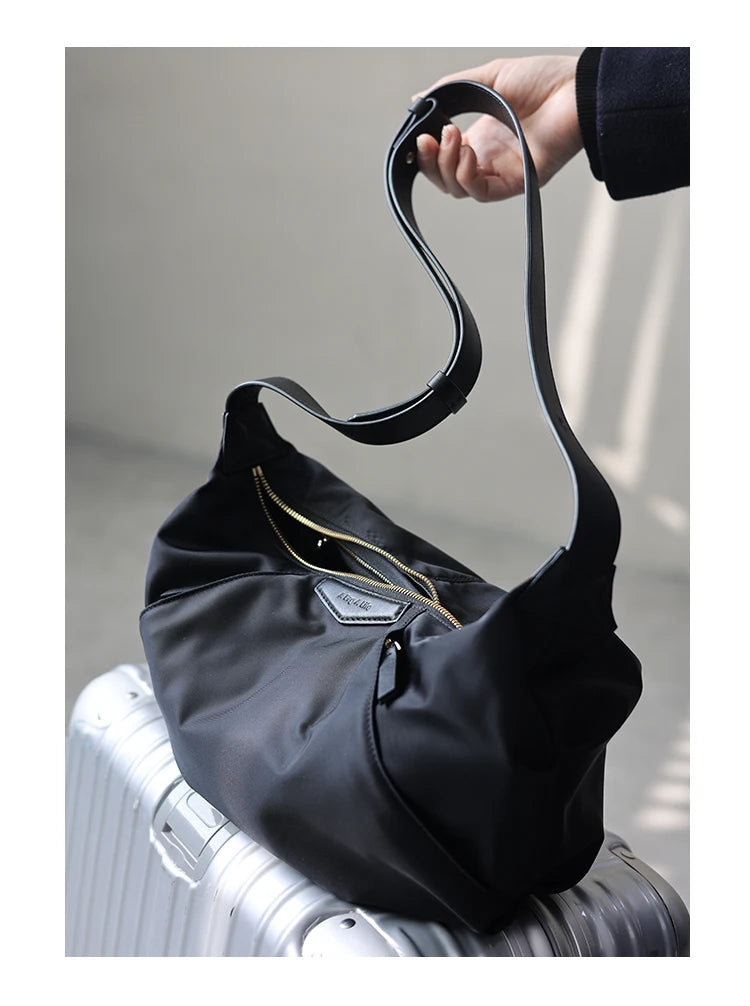 Lightweight Nylon Matching Genuine Leather Crossbody Bag High Quality Single Shoulder Bags Fashion Pleated Messenger Purses