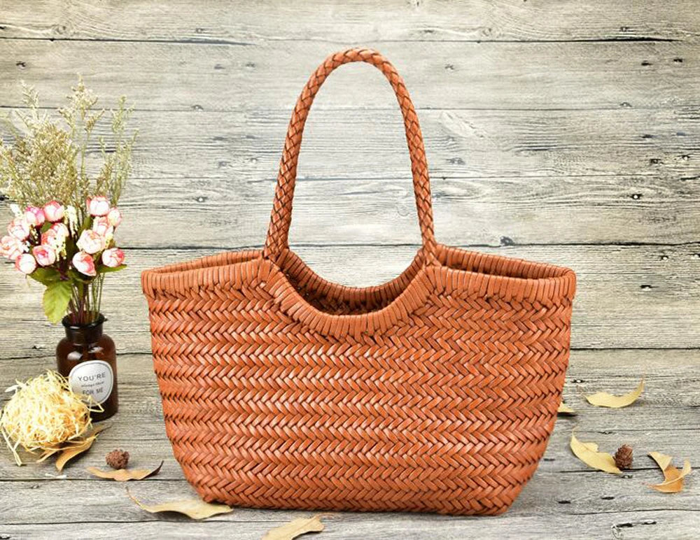 100% Natural Cowhide Weave Handbags Fashion Small Manual Hand Made Ladies Woven Handbag Exquisite Tote Dating Shopping Bags