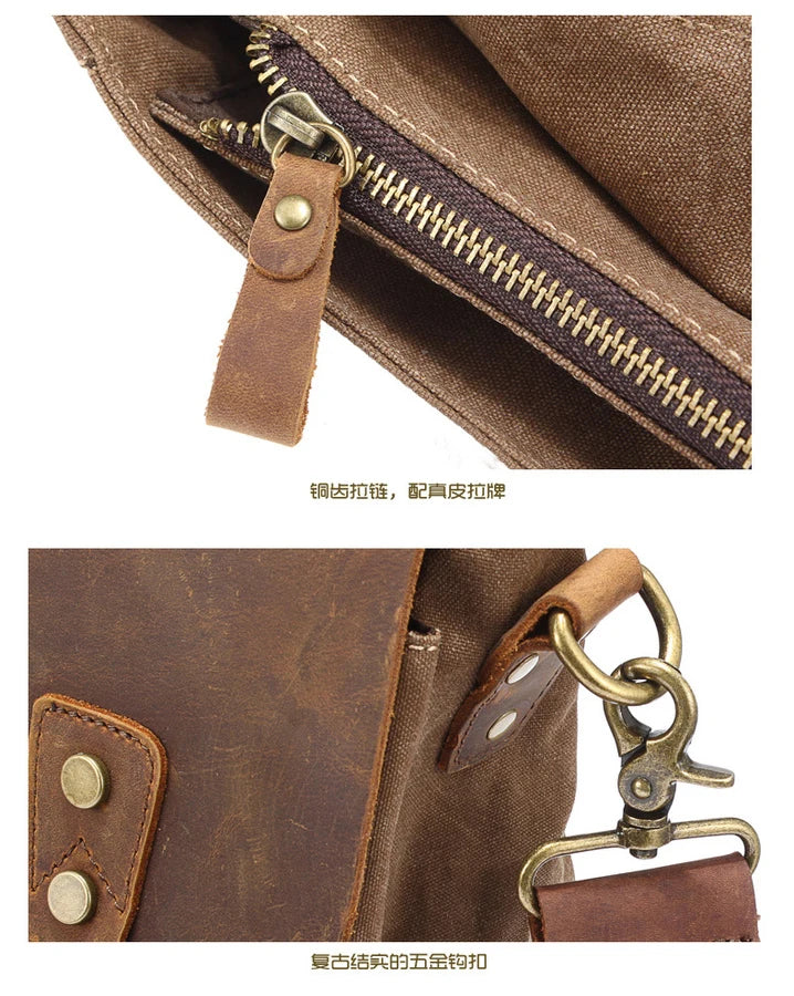 Vintage Leather + Canvas men briefcase Business bag Portfolio men office bag male canvas briefcase attache case document tote