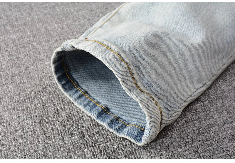 Men's Crystal Embellished Ripped Slim Jeans – Blue