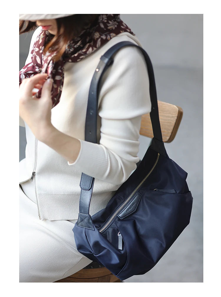 Lightweight Nylon Matching Genuine Leather Crossbody Bag High Quality Single Shoulder Bags Fashion Pleated Messenger Purses