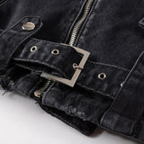 Men's Black Biker Slim Fit Denim Jacket with Belt - Streetwear Moto Style
