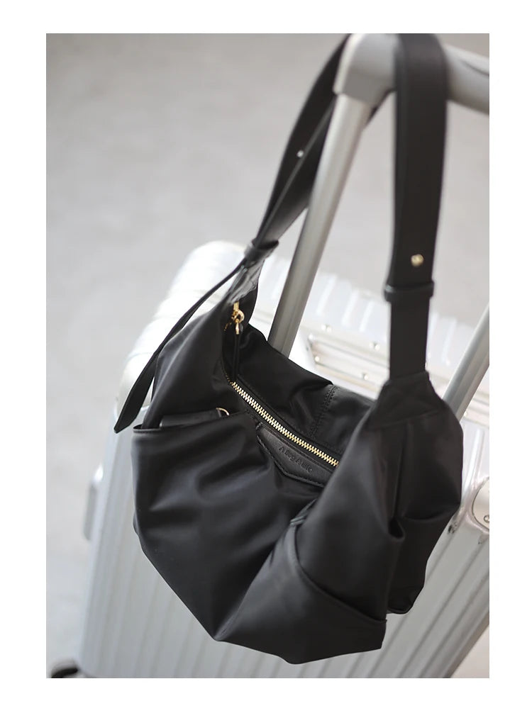 Lightweight Nylon Matching Genuine Leather Crossbody Bag High Quality Single Shoulder Bags Fashion Pleated Messenger Purses