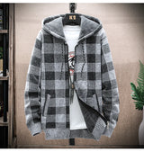 Men’s Winter Plaid Fleece-Lined Hooded Cardigan Jacket